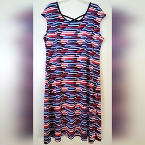 NWOT XL Jersey Knit Midi Sheath Dress Cap-Sleeve Red White and Blue Scoop Neck